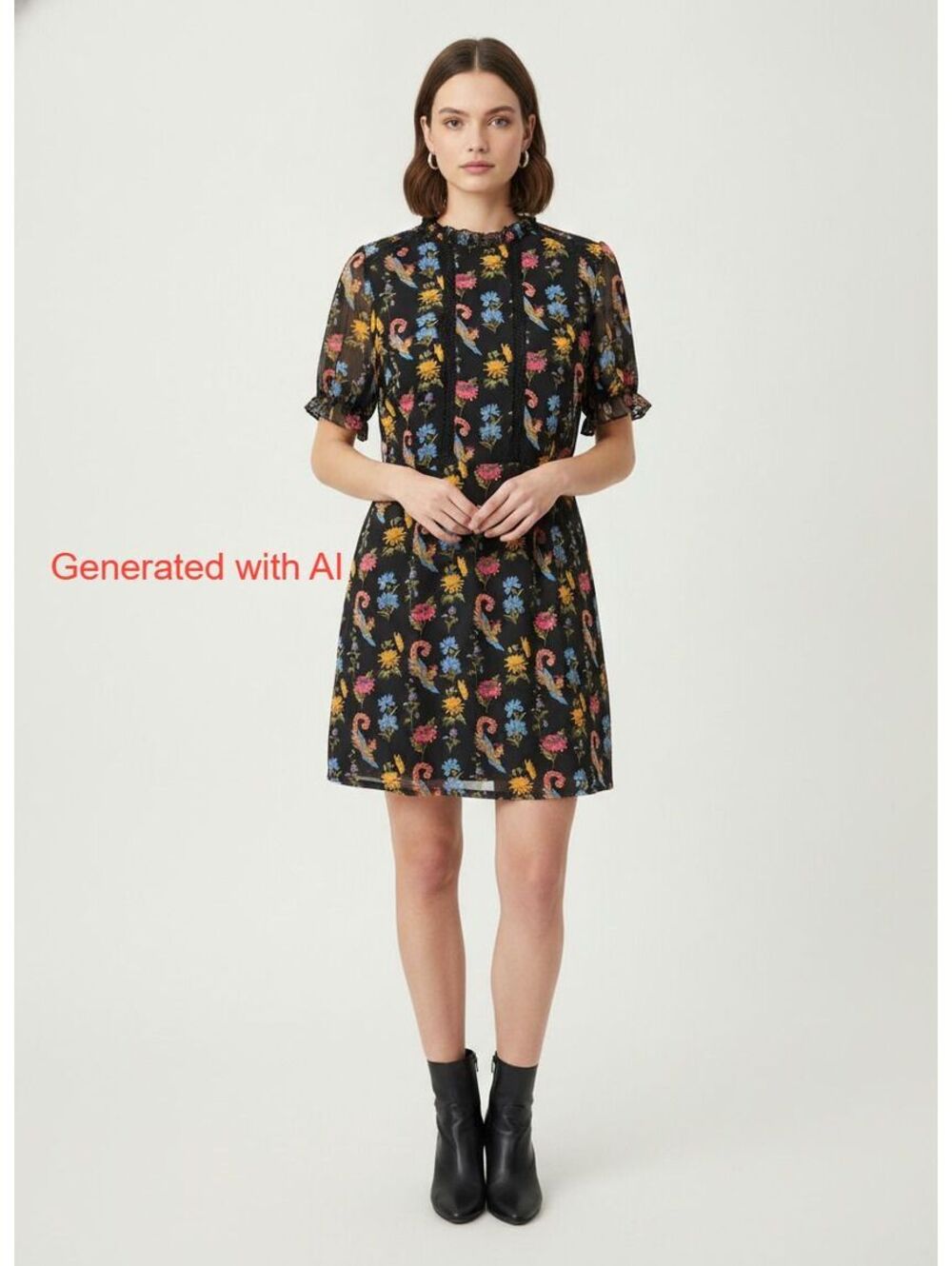 GLAMOROUS Women's Black Floral Knee-Length Dress with Lace Trim Size 8